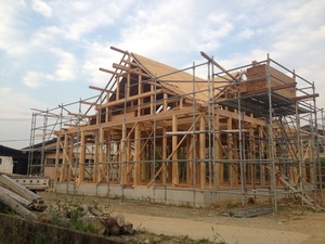 本格入母屋造の土壁平屋建て新築工事の屋根野地板張り工！