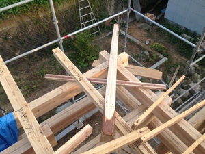 本格入母屋造の土壁平屋建て新築工事の振り隅木を納める。